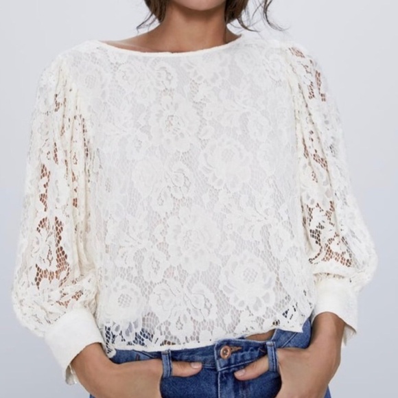 ZARA lace puff sleeve blouse boxy Cream Women’s SIZE LARGE new with tags - Picture 1 of 8